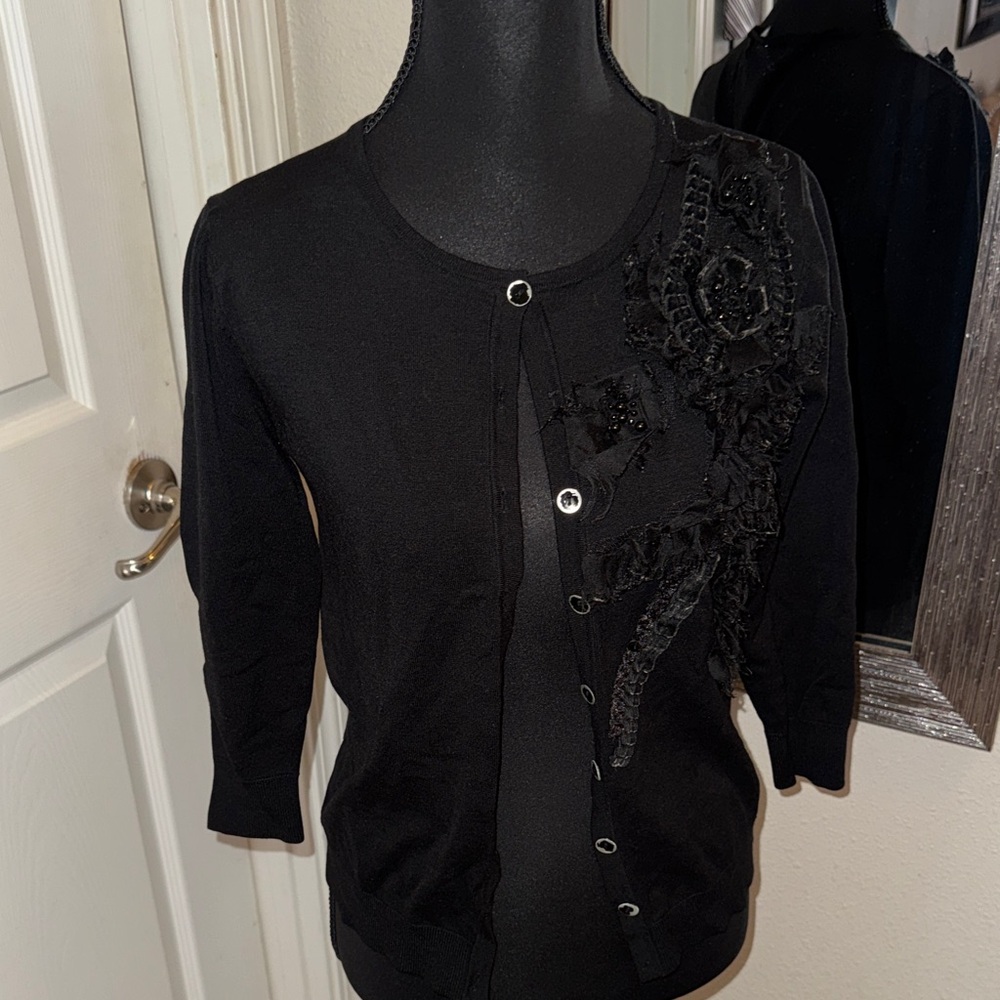August Silk Black Cardigan with Lace Detail